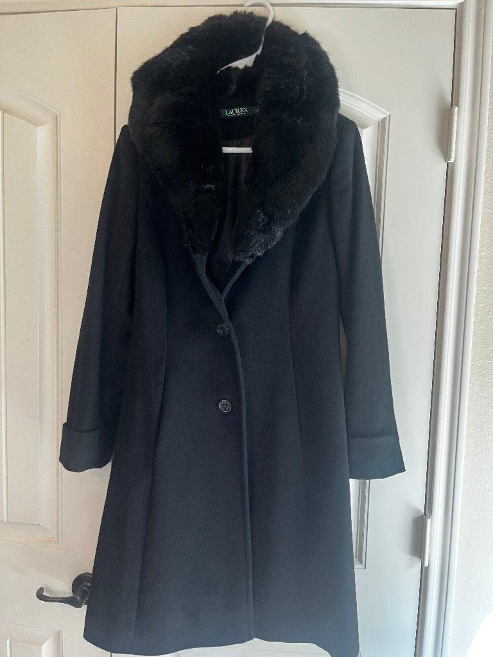 Lauren Ralph Lauren Wool Coat Size 4 Black Faux Fur Collar Long
